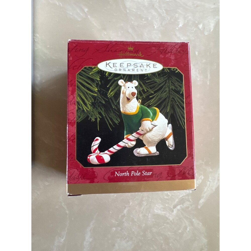 Vintage Hallmark "North Pole Star" Polar Bear Playing Ice Hockey Ornament 1999